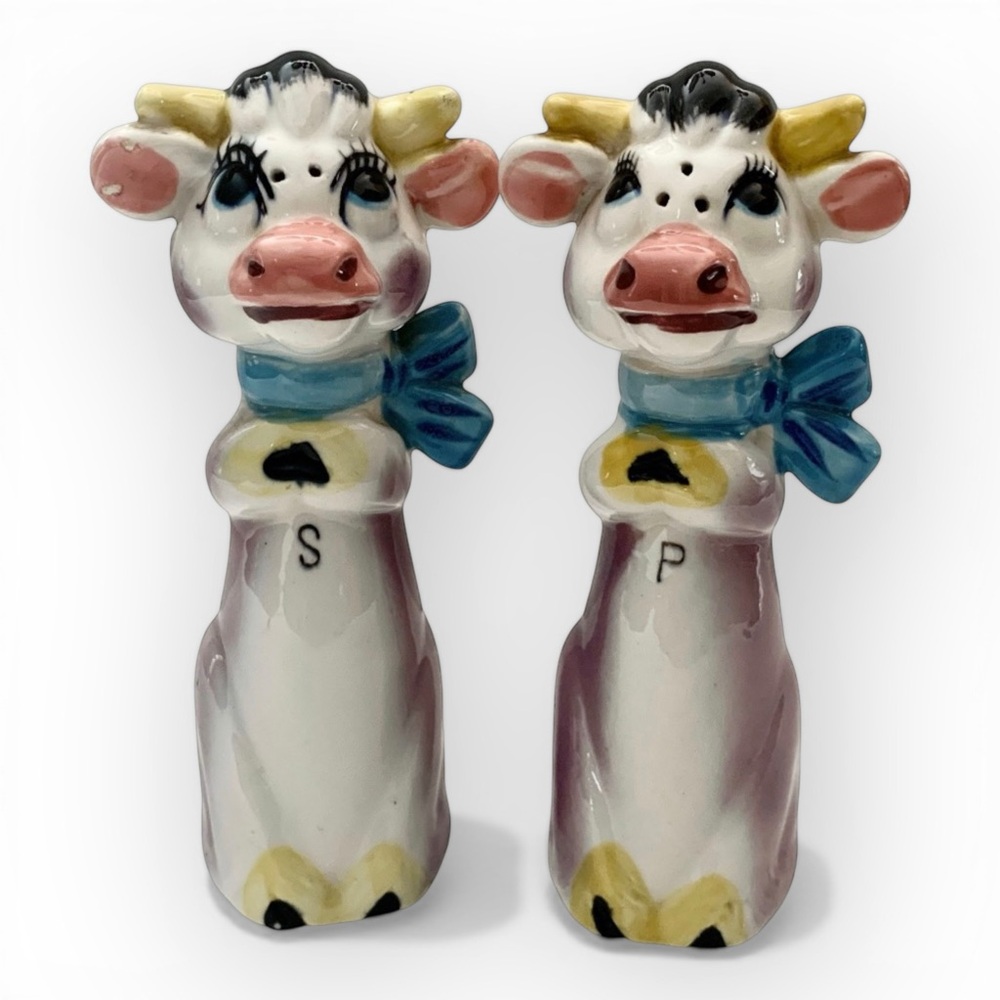 Lefton Tall Purple Cows Salt & Pepper Shakers Japan Anthropomorphic Kitschy